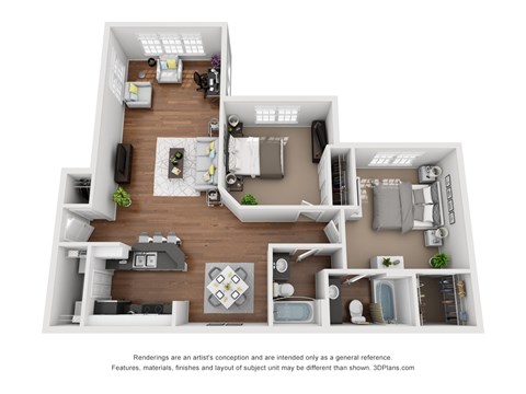 Floor plan for 2 beds, 2 baths, 1069 sqft